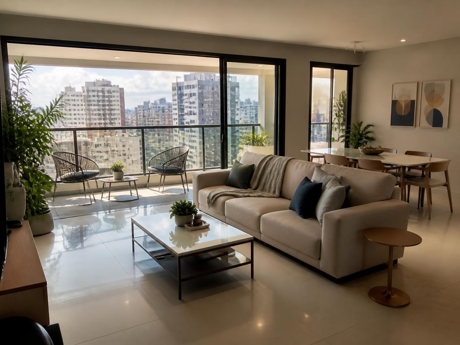 Sala de apartamento moderno com sacada e vista para a cidade